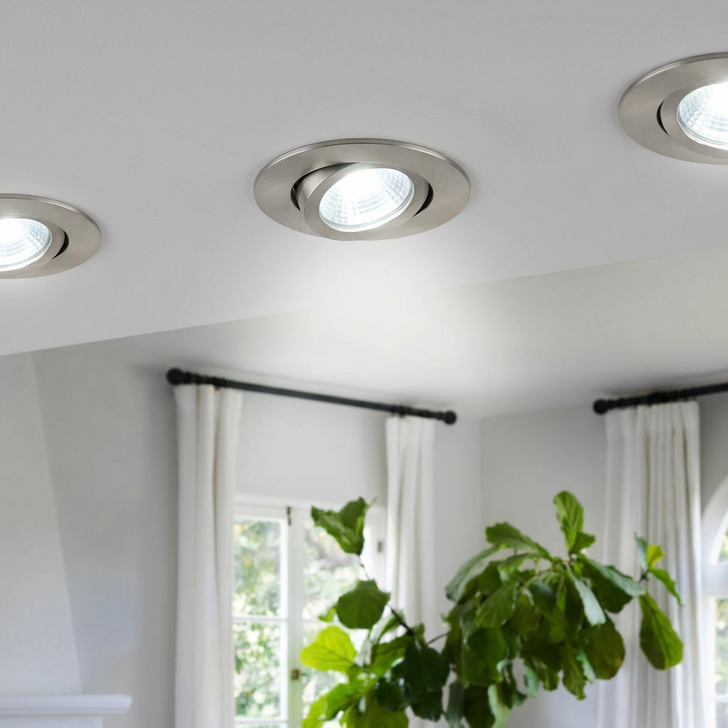 Close-up of three brushed nickel recessed LED downlights installed in a white ceiling above a living room.