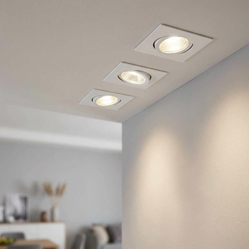 Three square white recessed LED downlights installed in a ceiling, casting a warm glow onto an adjacent wall.