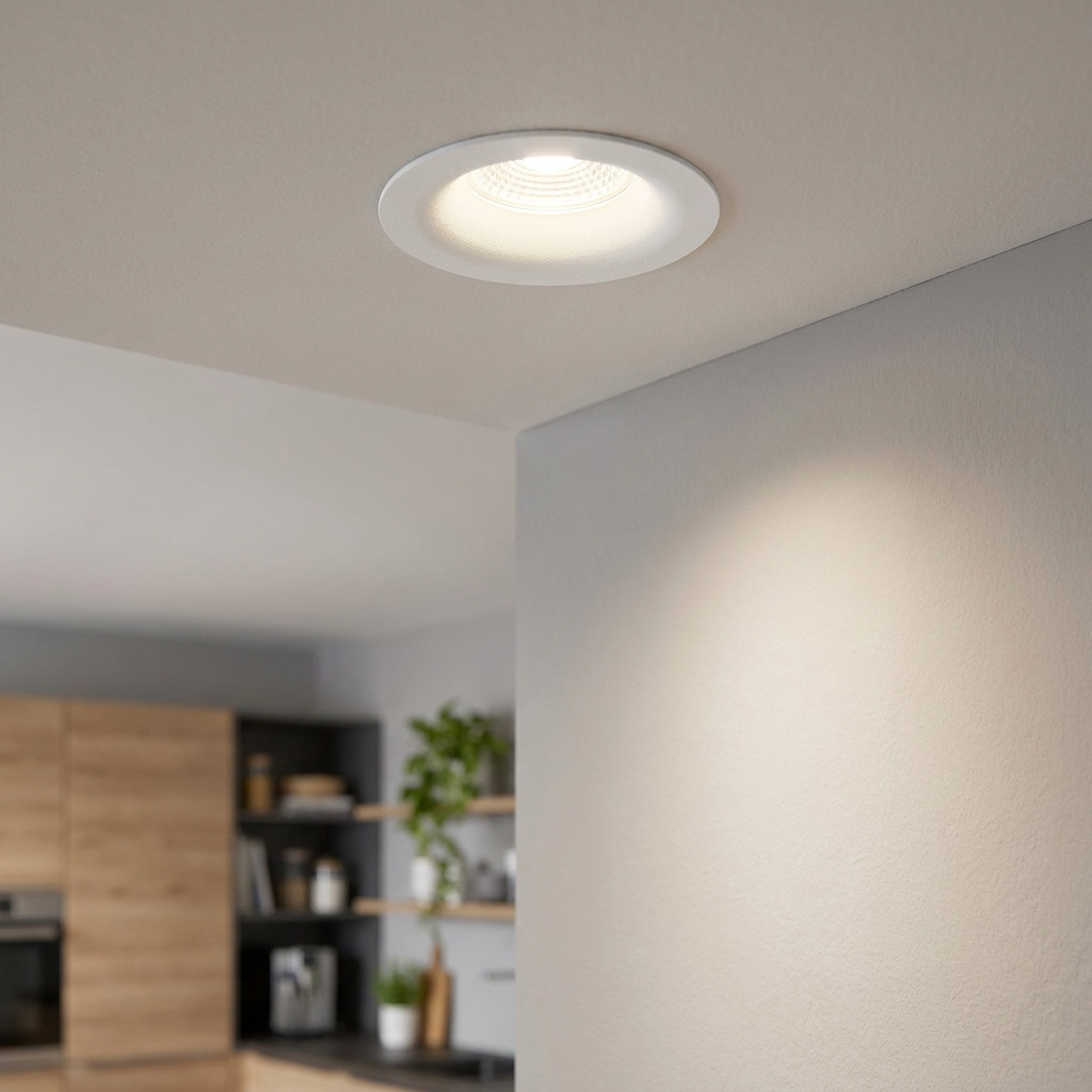 A round white recessed LED downlight illuminating a gray wall in a modern kitchen setting.