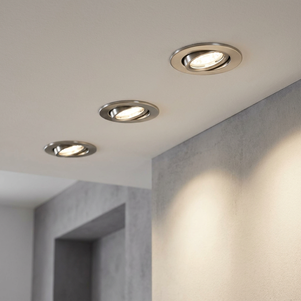 Three adjustable nickel recessed LED spotlights on a white ceiling casting warm light on a grey wall.