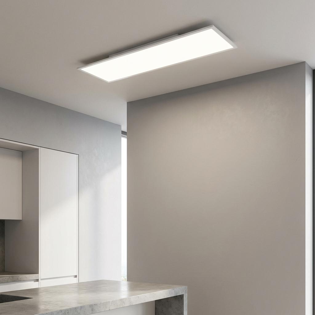 Rectangular Eglo Salobrena-M White LED panel flush ceiling light illuminating a modern kitchen interior.