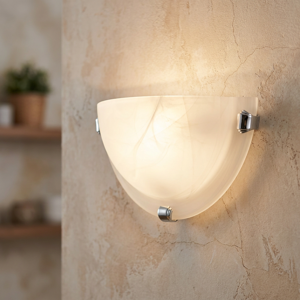 Illuminated semi-circular wall light with swirled alabaster glass and chrome clips on a textured beige wall.