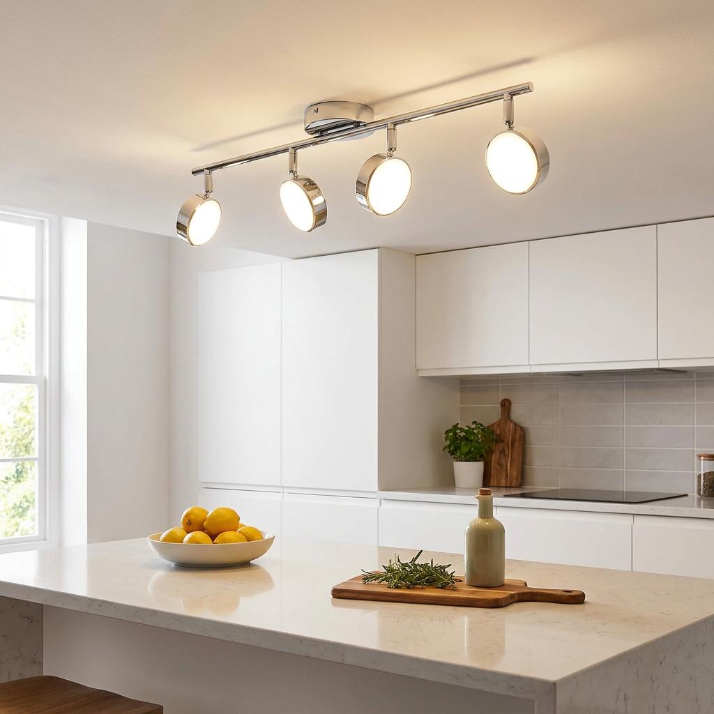 Eglo Salto chrome 4-light LED bar spotlight illuminates a modern white kitchen from the ceiling.