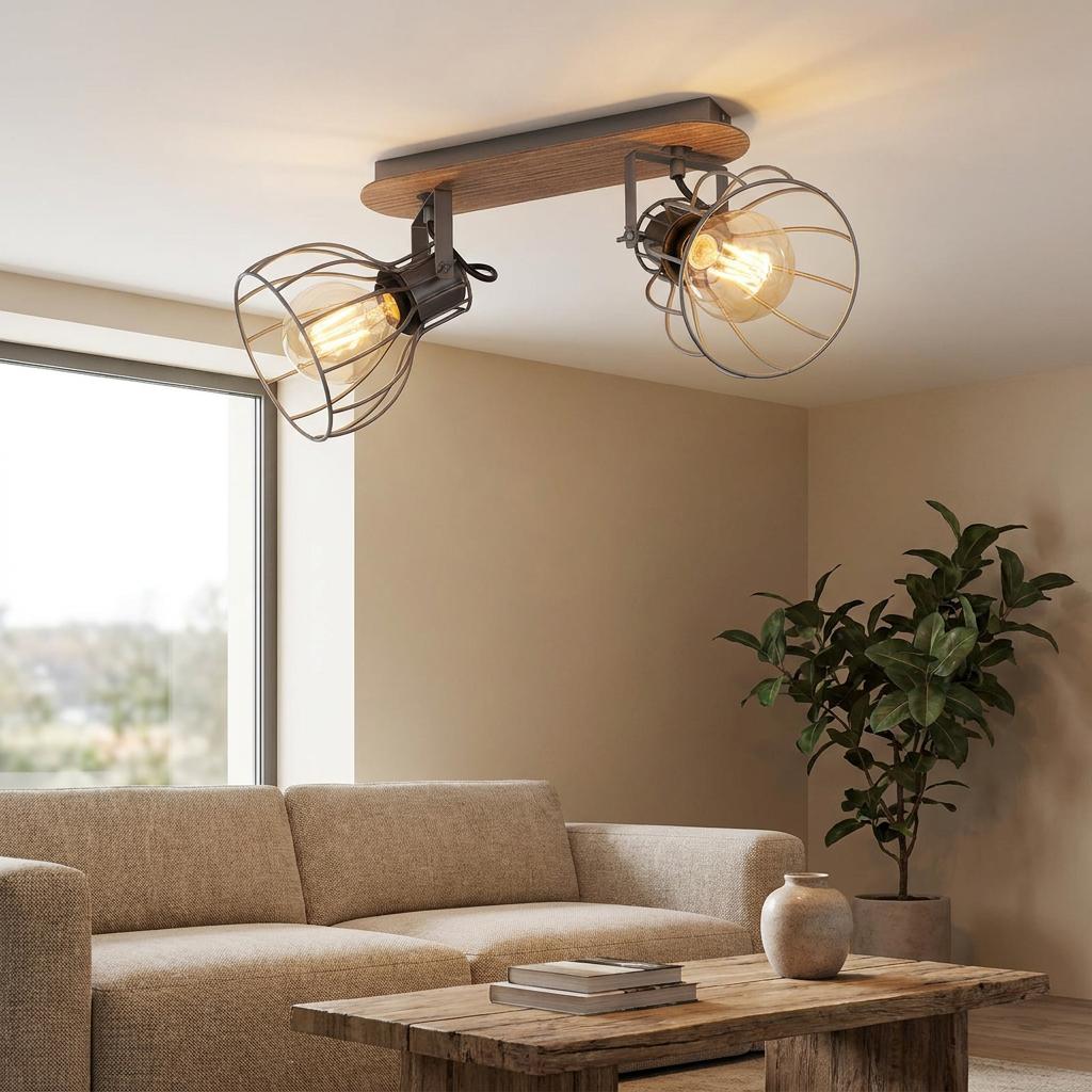 Eglo Sambatello 2-light bar spotlight with wood base and wire shades in a contemporary living room.