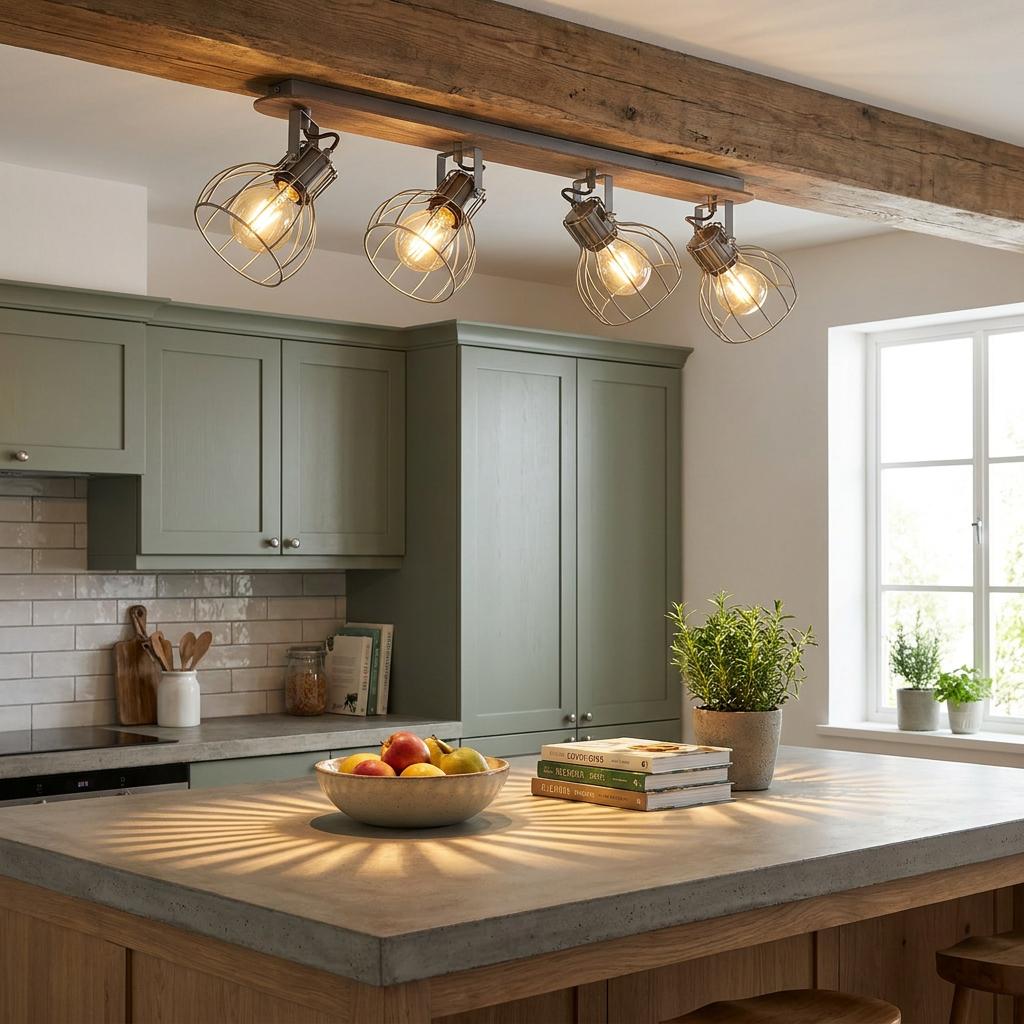 Eglo Sambatello 4-light bar spotlight with silver wire cages mounted on a wooden beam over a kitchen island.