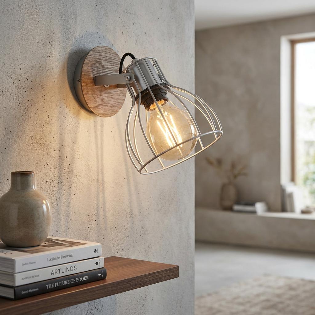 Industrial wall spotlight with a silver wire cage and wooden base mounted on a concrete wall above a shelf.