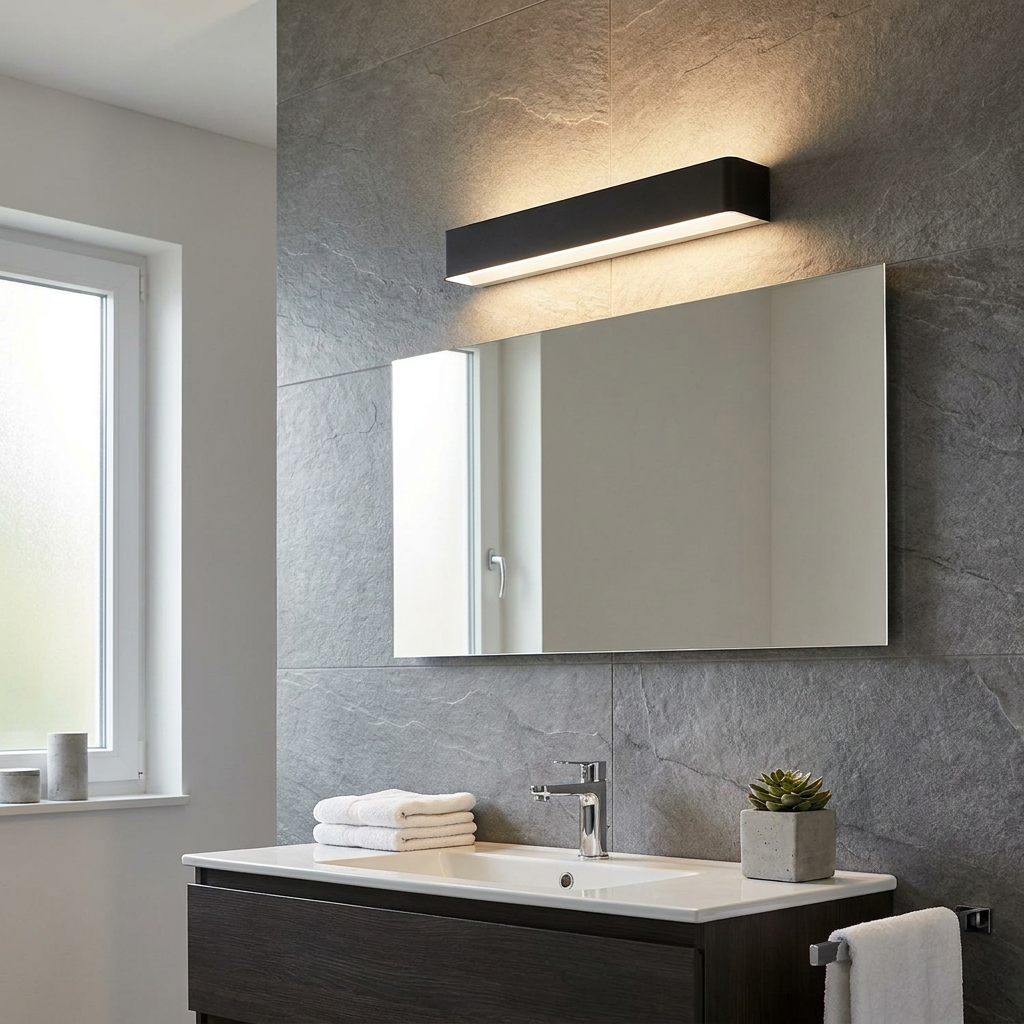 Modern black rectangular LED wall light mounted above a bathroom mirror on a grey tiled wall.