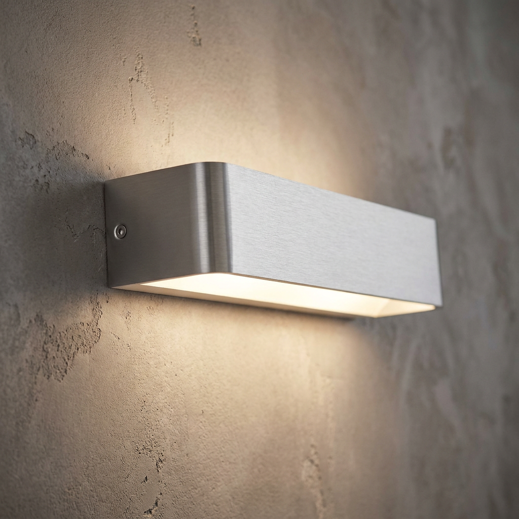 Brushed nickel rectangular LED wall light casting warm light up and down on a textured stone-effect wall.