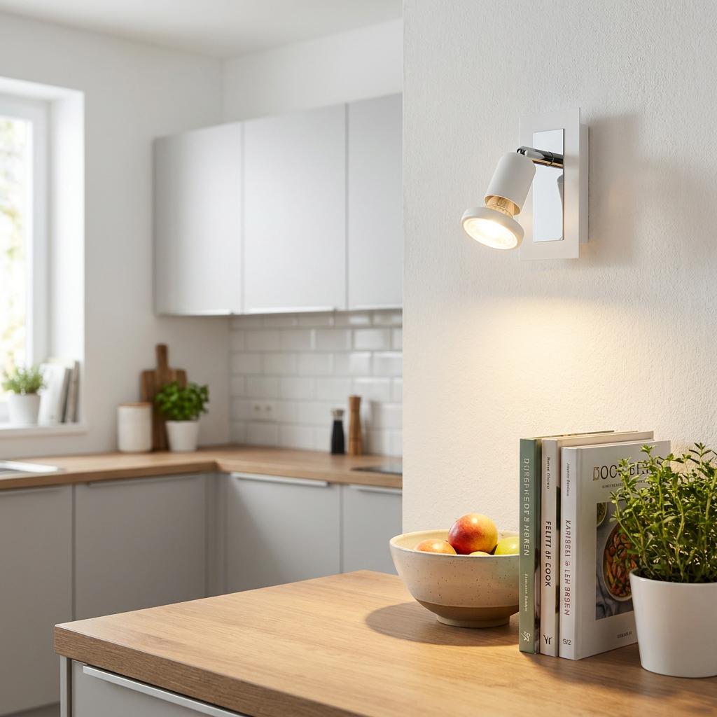 Adjustable white and chrome wall spotlight illuminating a modern kitchen with wooden countertops.