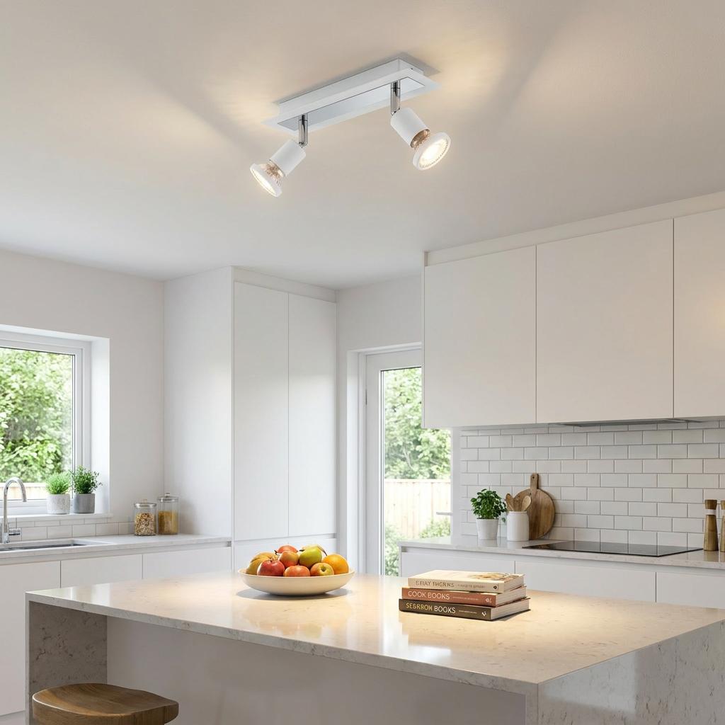 Modern white and chrome 2-light bar spotlight mounted on a kitchen ceiling above a marble-top island.