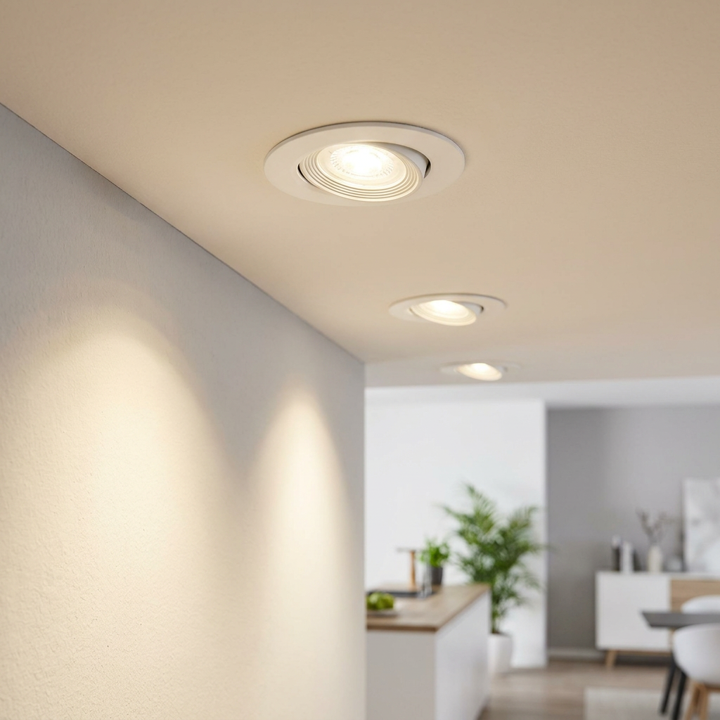 Set of three white recessed spotlights in a ceiling casting a warm glow against a white wall in a modern home.
