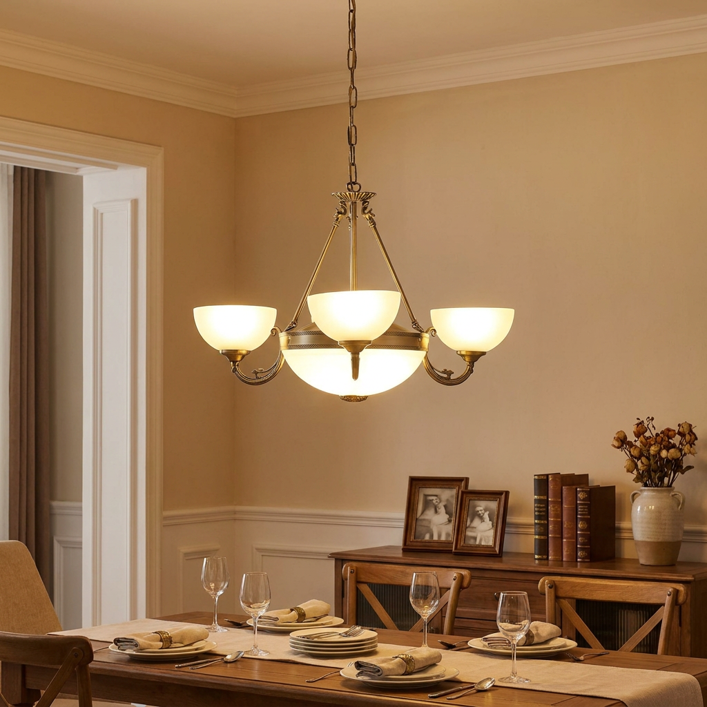 Bronze chandelier with white glass shades illuminates an elegantly set wooden dining table in a warm room.