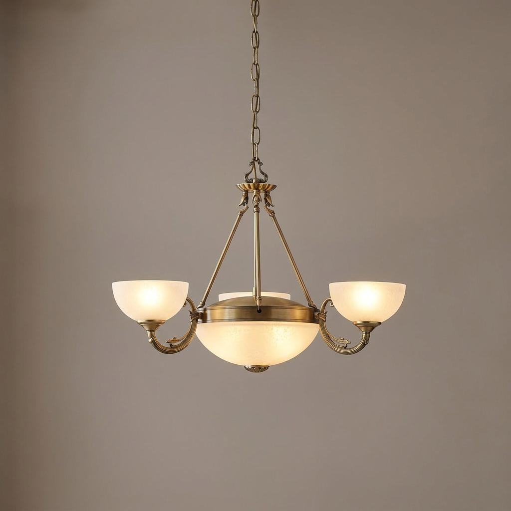 Traditional three-light bronze ceiling pendant with a central bowl and two side white frosted glass shades.
