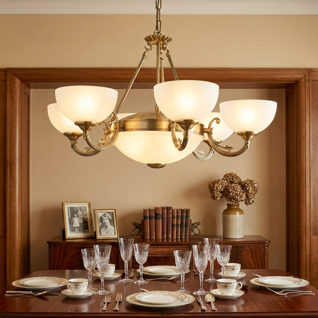 Eglo Savoy 6-light bronze chandelier with white glass shades hanging above a formal dining table.