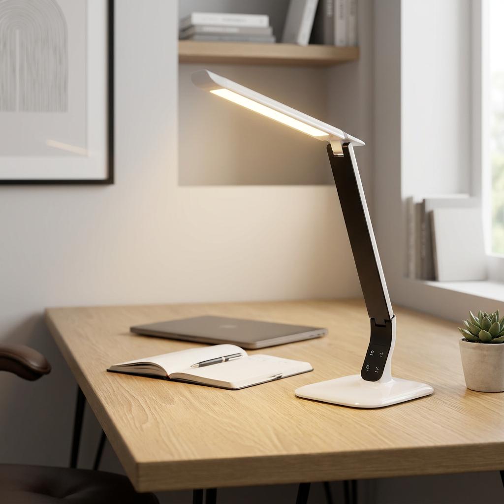 A modern black and white LED desk lamp illuminates a wooden desk with a notebook and laptop.