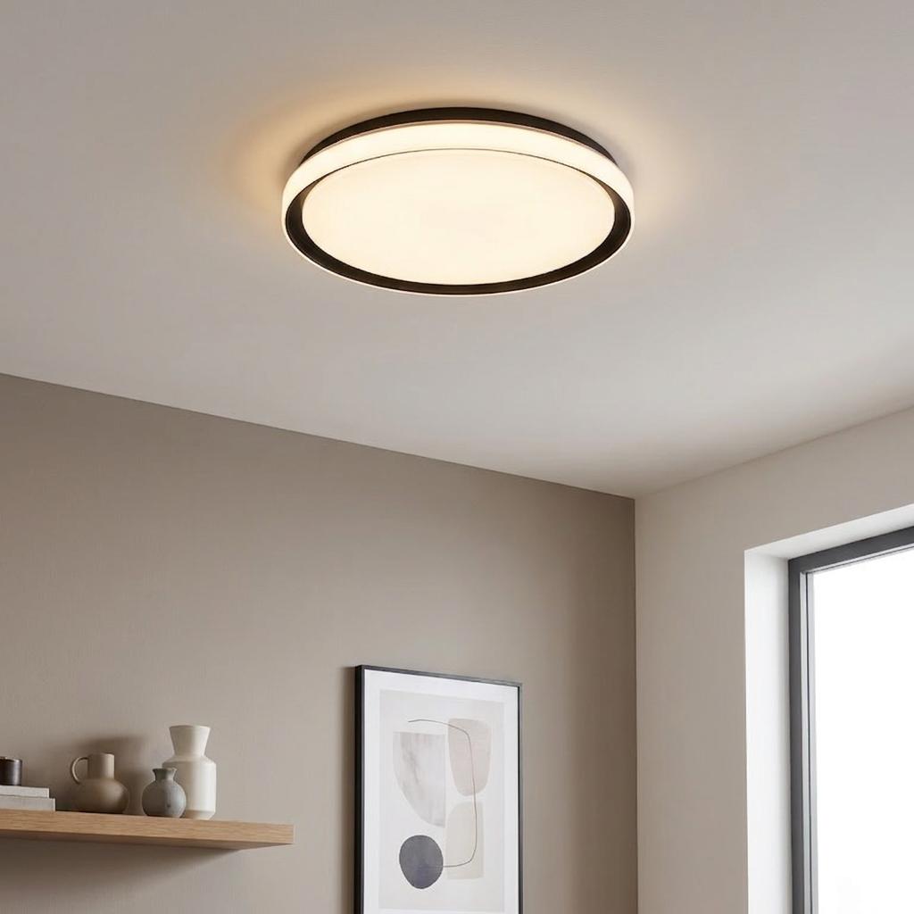 Circular LED flush ceiling light with a black surround, switched on in a minimalist living room.