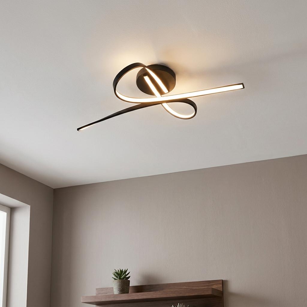 Modern Eglo Selvina 1 black LED flush ceiling light with an abstract linear design in a minimalist room.