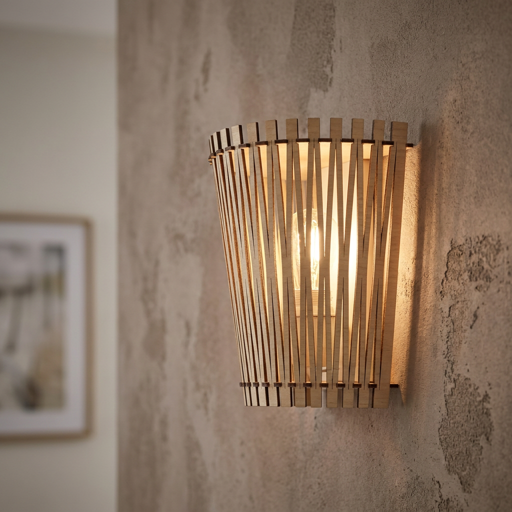Curved maple wood slat wall light mounted on a textured wall, emitting a warm glow.