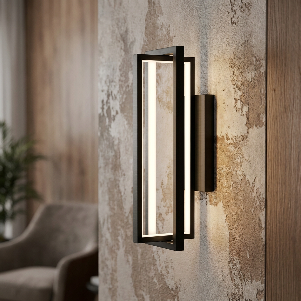 Modern black rectangular LED wall sconce with interlocking frames glowing on a textured interior wall.