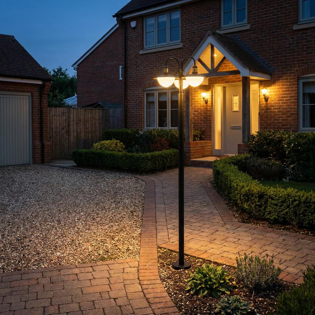 Eglo Sirmione 3-light black and gold lamp post illuminating a brick pathway in front of a house at dusk.