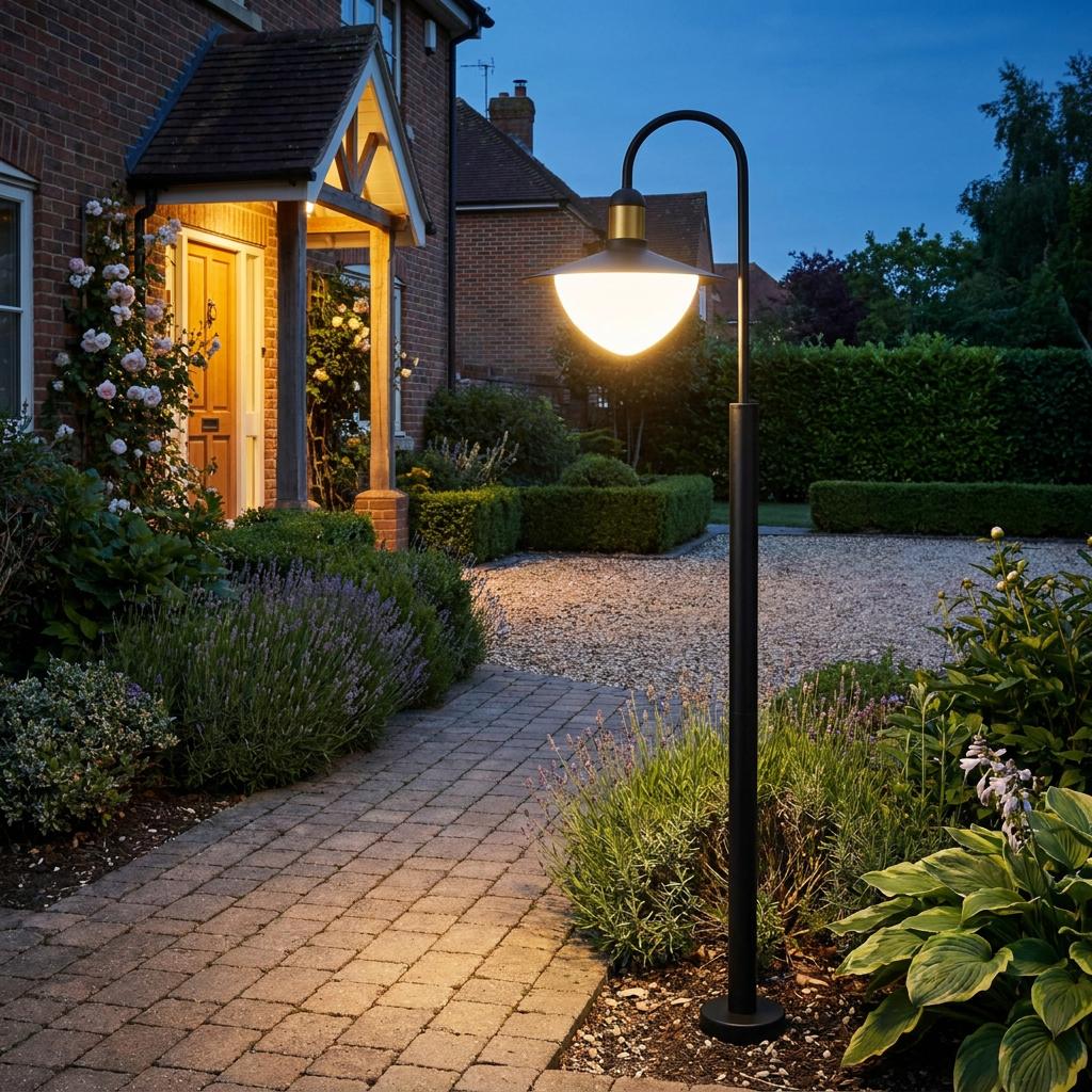 Eglo Sirmione black and gold lamp post illuminating a garden path in front of a house at dusk.