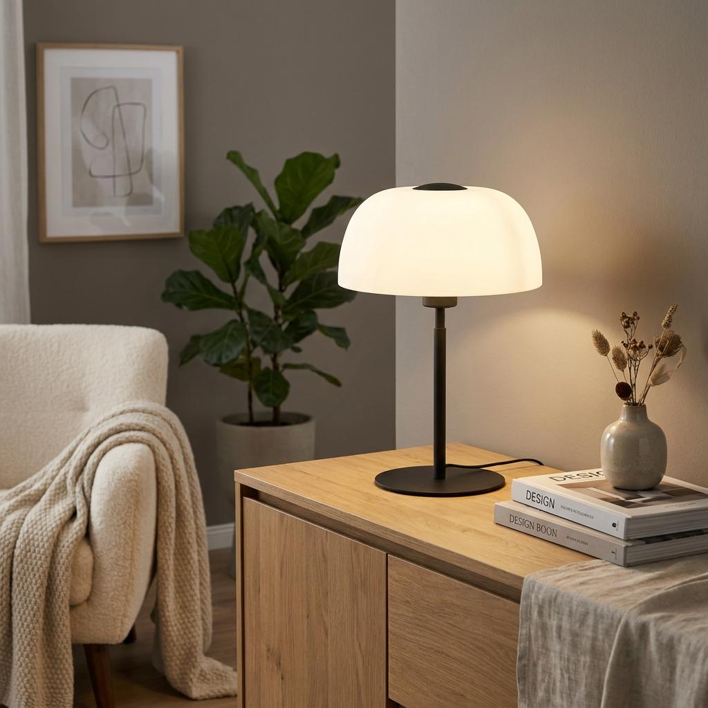Eglo Solo 2 black table lamp with a glowing white glass mushroom shade on a wooden sideboard in a cozy room.