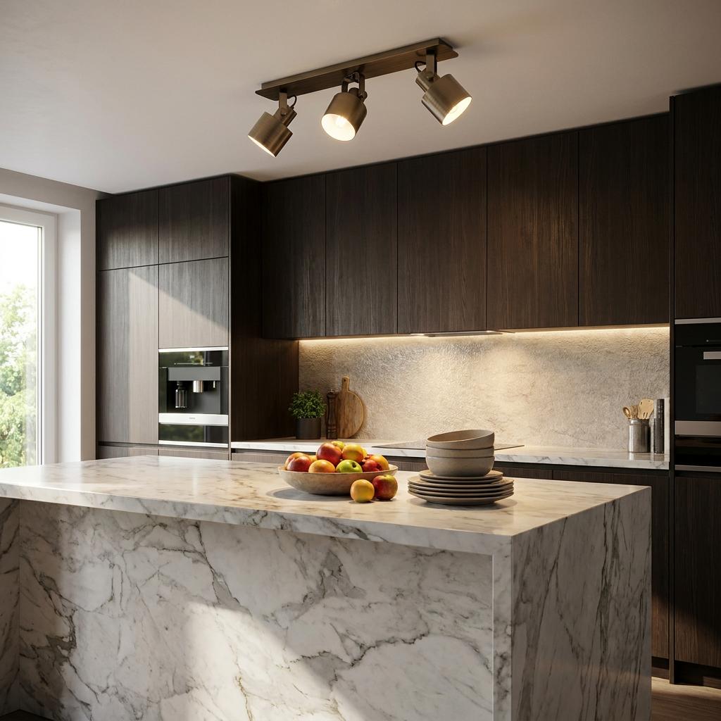 Eglo Southery gold 3-light bar spotlight illuminating a modern kitchen with a marble island and dark wood cabinets.