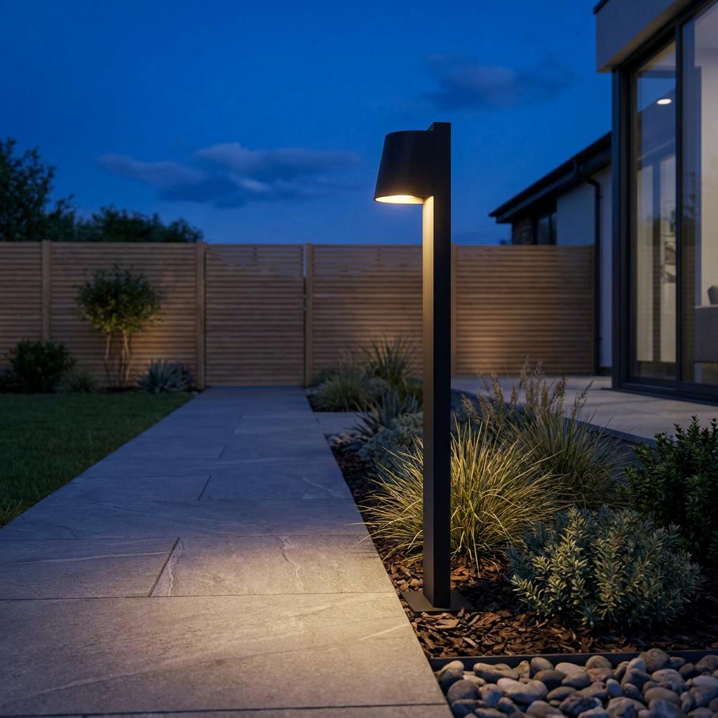 Eglo Stagnone black bollard light illuminating a stone garden path at dusk with a warm downward glow.