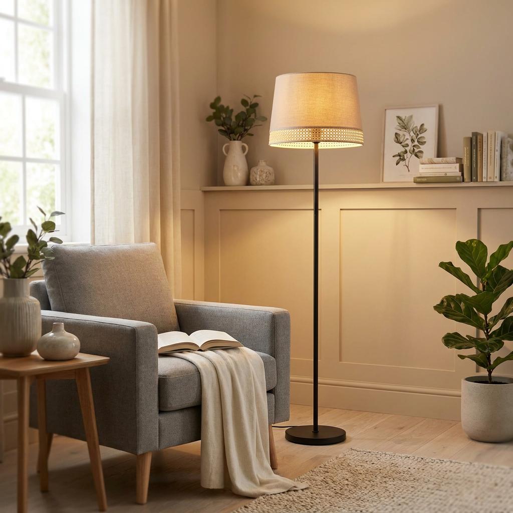 A black floor lamp with a linen and bamboo shade glows warmly beside a grey armchair in a cozy living room corner.