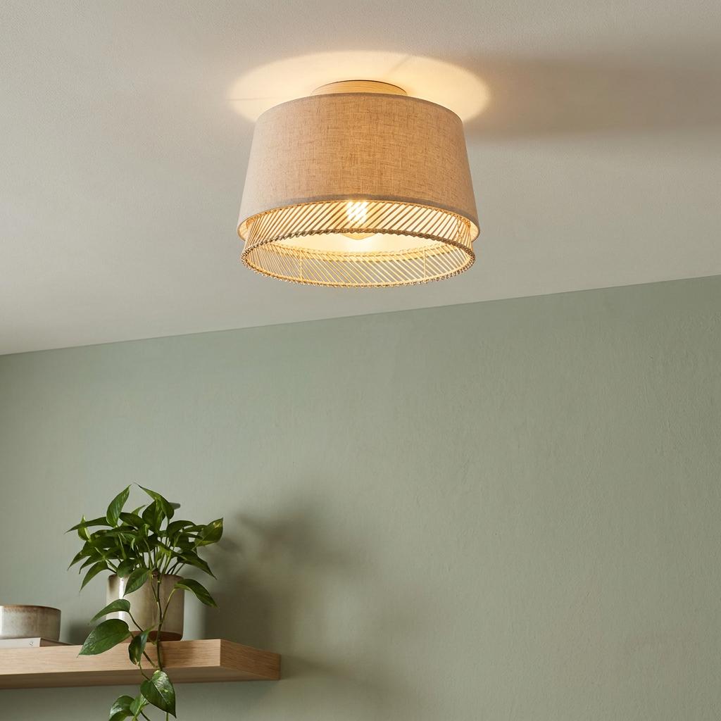 Eglo Tabley flush ceiling light featuring a linen shade and wood lattice base, mounted on a white ceiling.