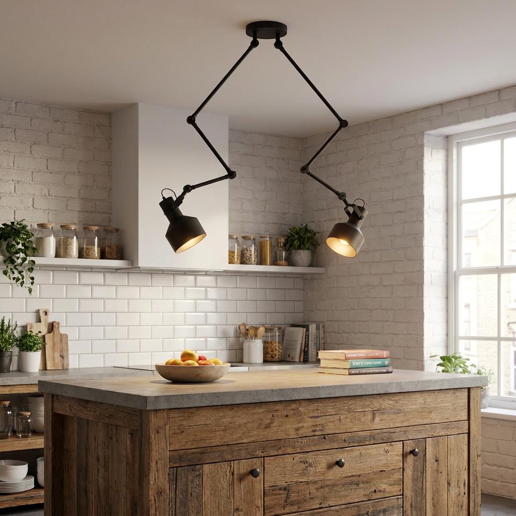 Black adjustable two-light spotlight fixture illuminating a rustic kitchen island against a white brick wall.