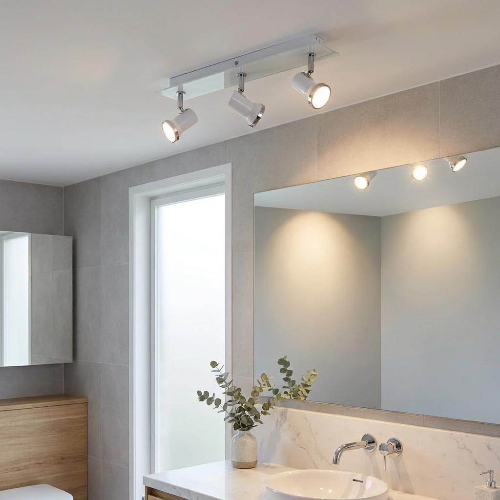 Three-light white and chrome bathroom spotlight bar mounted on a ceiling above a large mirror and sink.