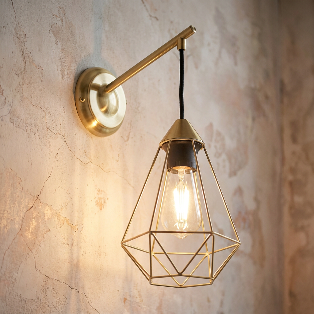 Eglo Tarbes wall light with a brass geometric wire cage shade and lit Edison bulb against a textured plaster wall.