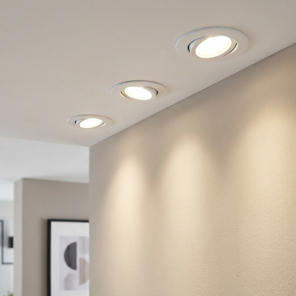 Three white recessed downlights in a ceiling casting warm pools of light onto a neutral wall.