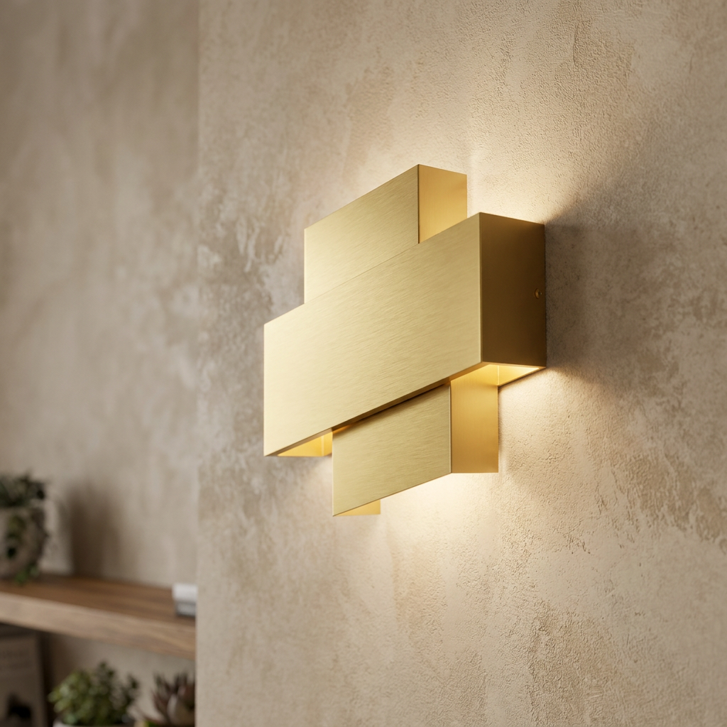 Modern gold wall light with overlapping rectangular blocks casting a warm glow on a textured beige wall.