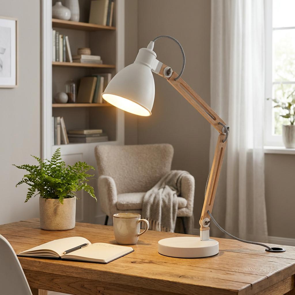 White metal and rubber wood adjustable table lamp illuminating a wooden desk with a notebook and plant.