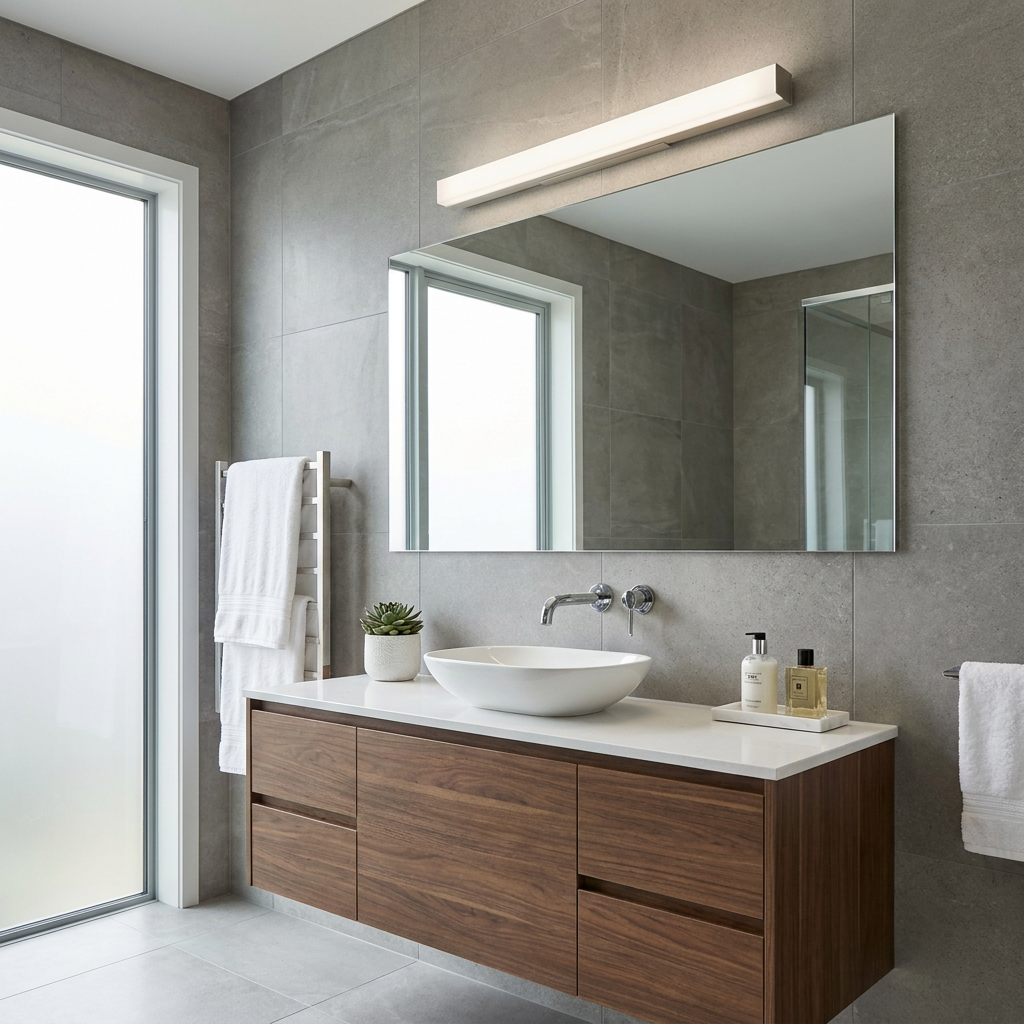 Linear chrome bathroom light bar mounted above a large mirror in a modern gray-tiled bathroom.