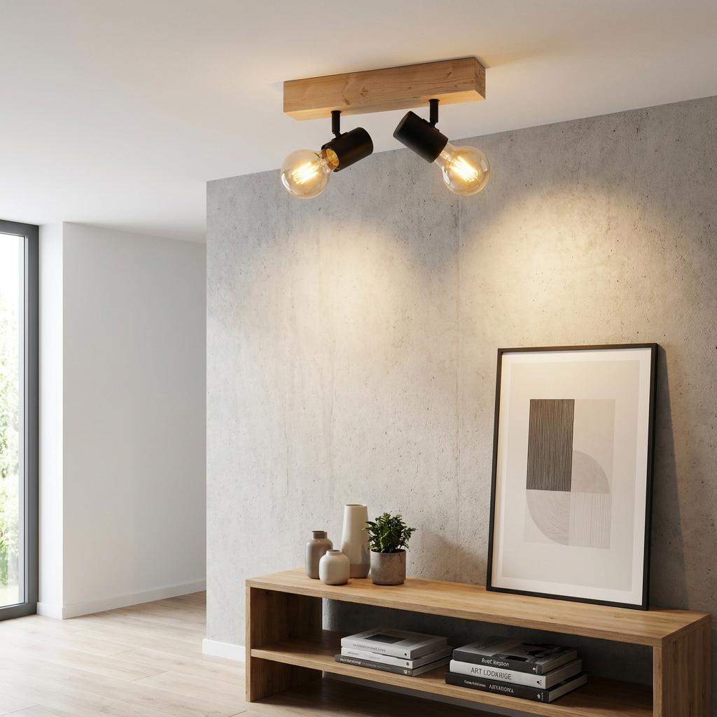 Eglo Townshend 3 wood and black 2-light bar spotlight illuminating a minimalist room with a concrete wall.