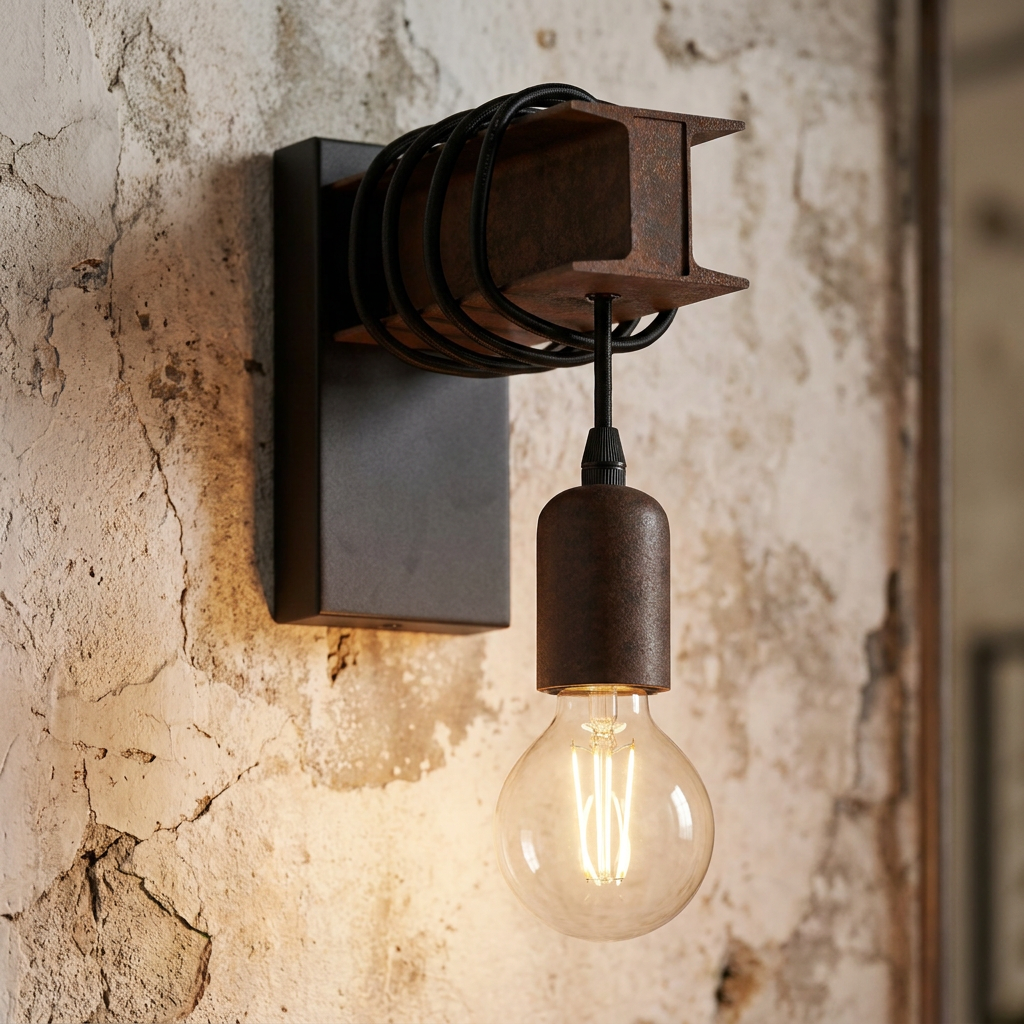 Industrial wall light with a black base and rusted I-beam holding a filament bulb against a weathered stone wall.