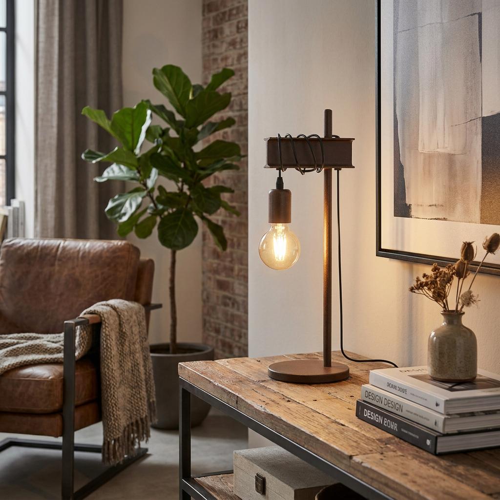 Industrial brown metal table lamp with an exposed bulb on a rustic wooden table in a stylish living room.