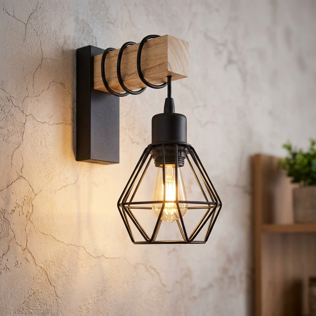 Eglo Townshend 5 wall light featuring a wooden beam and black wire cage shade mounted on a textured wall.