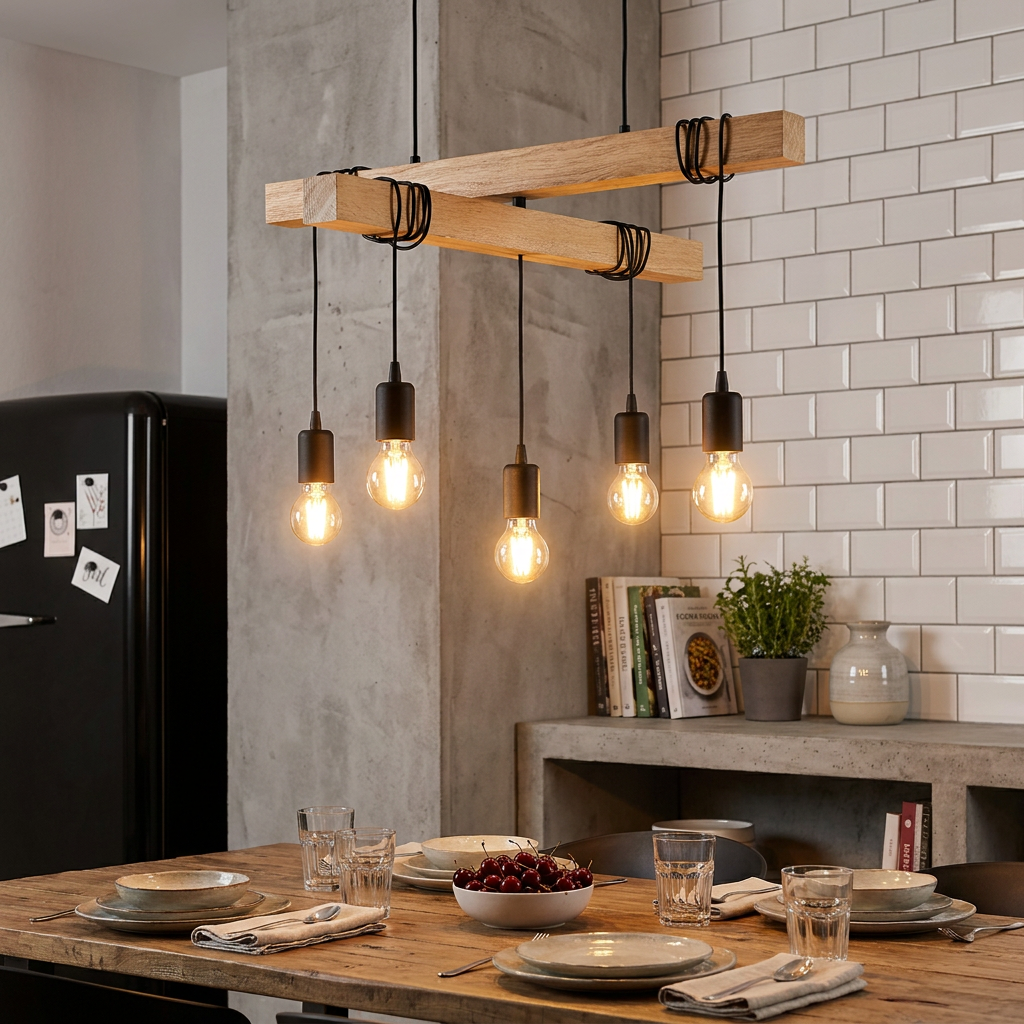 Industrial 5-light wooden beam pendant with black cords hanging over a rustic dining table in a kitchen.