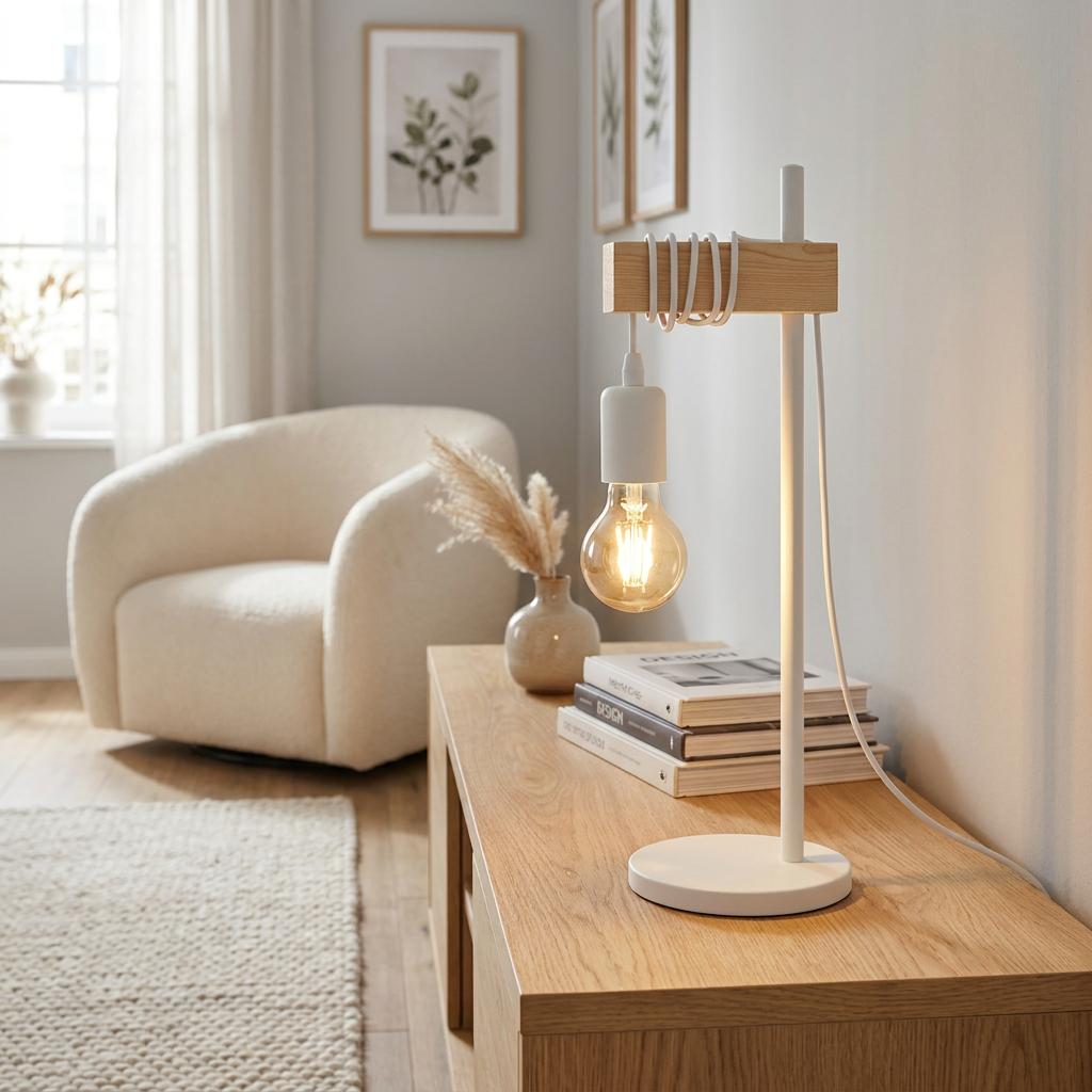 Eglo Townshend white metal and wood table lamp with an exposed bulb on a wooden sideboard in a neutral living room.