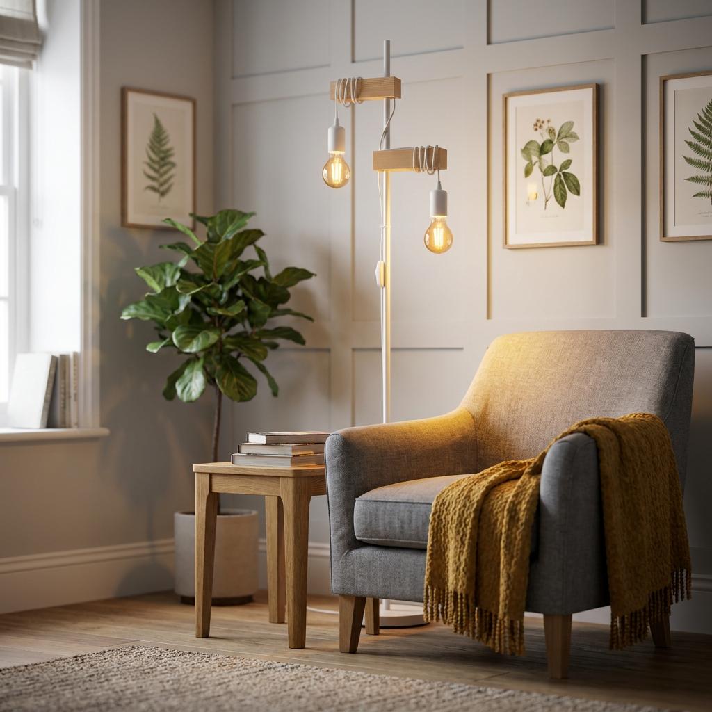 Eglo Townshend floor lamp with white stand and wooden beams illuminating a cozy grey armchair in a living room.