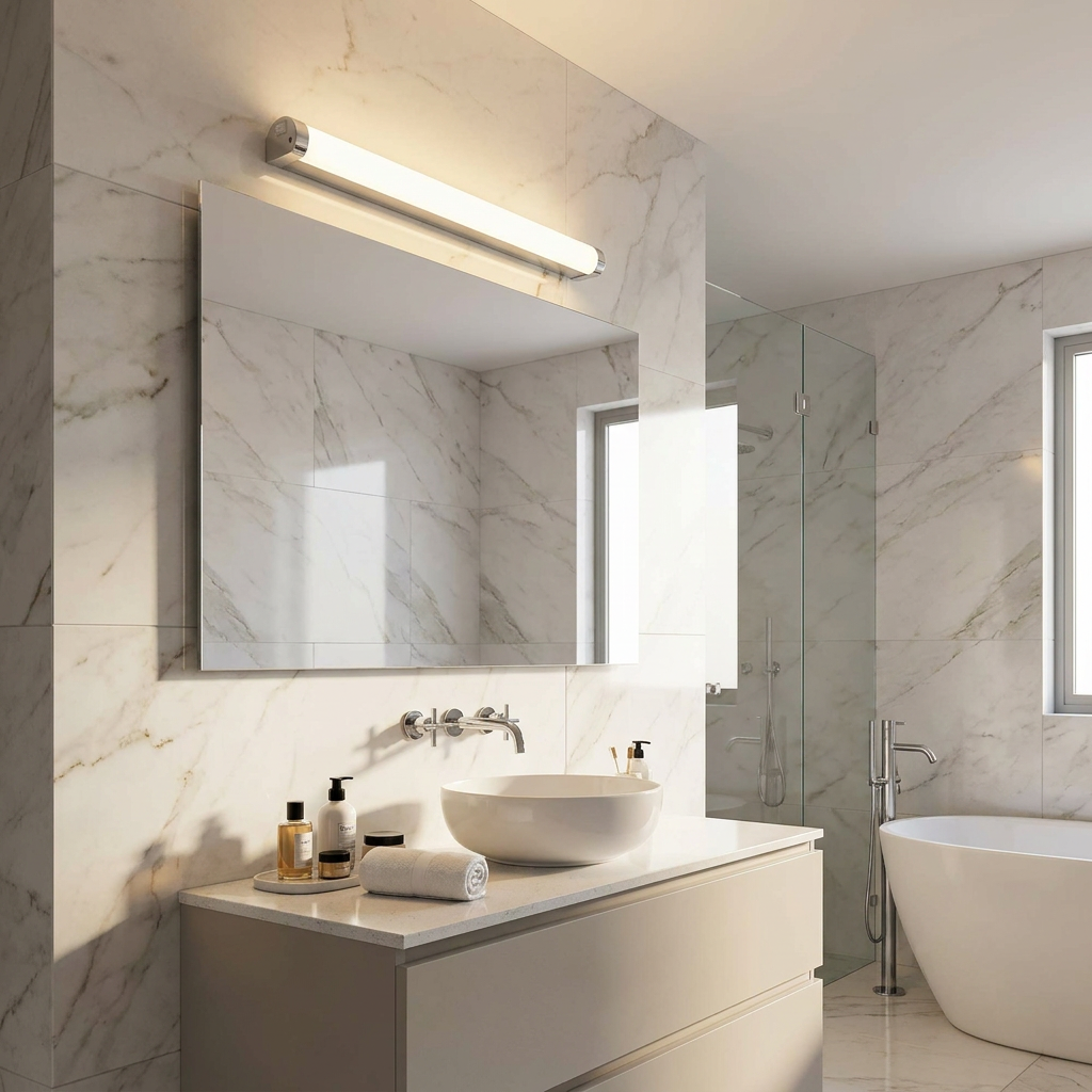 A 60cm chrome wall light mounted above a large mirror in a modern marble bathroom with a white vanity.