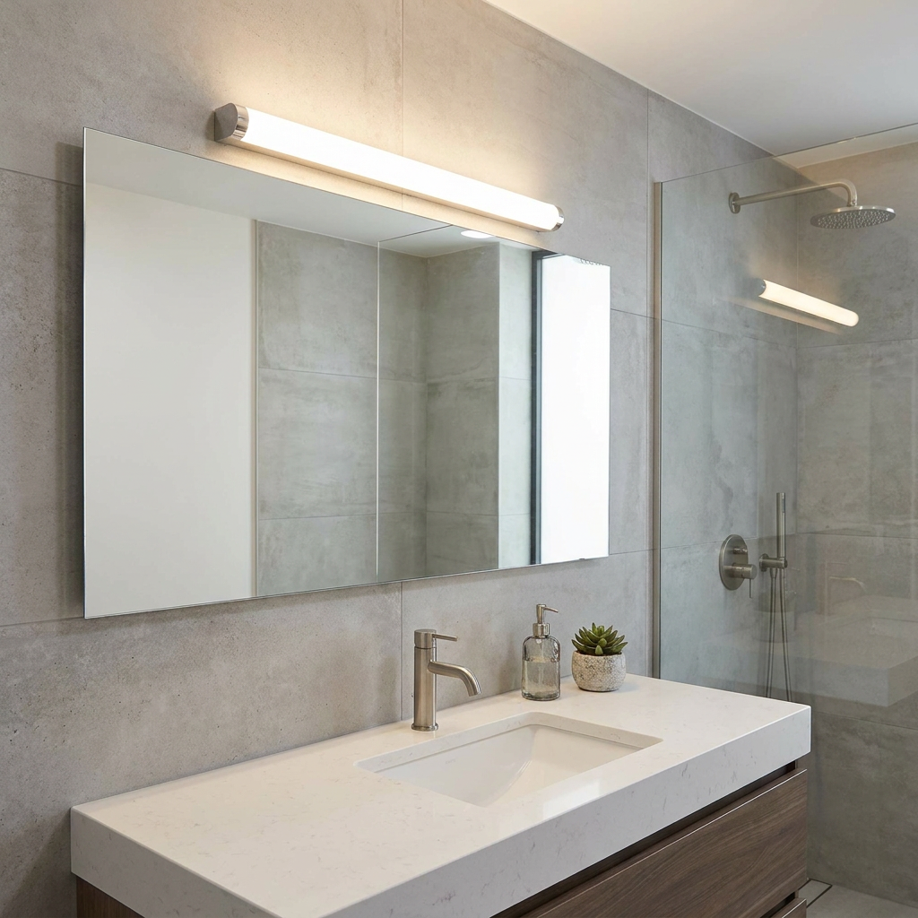 Linear chrome wall light mounted above a mirror in a modern grey tiled bathroom with a white vanity.