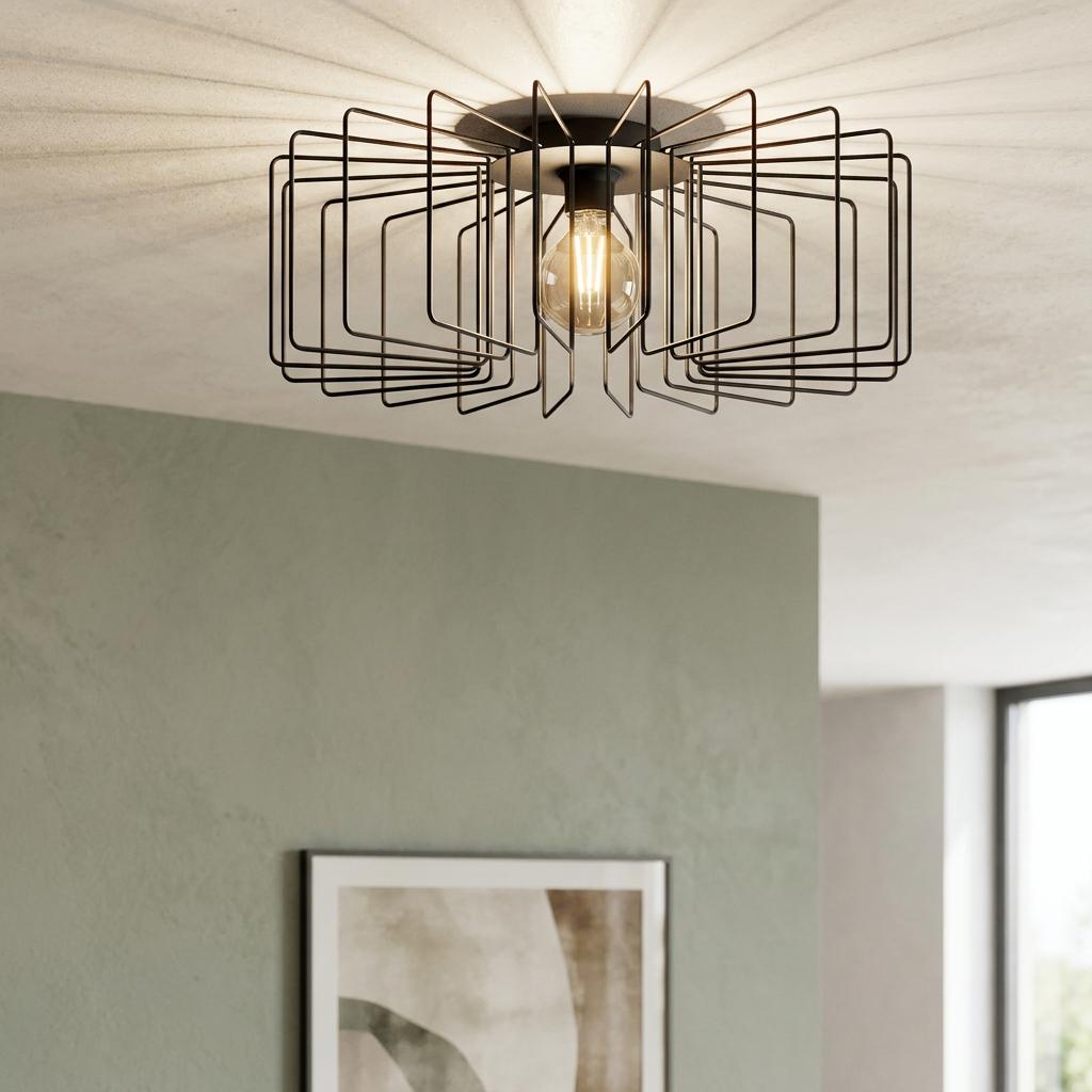 Modern black wire cage flush ceiling light with an exposed bulb casting shadows on a white ceiling.