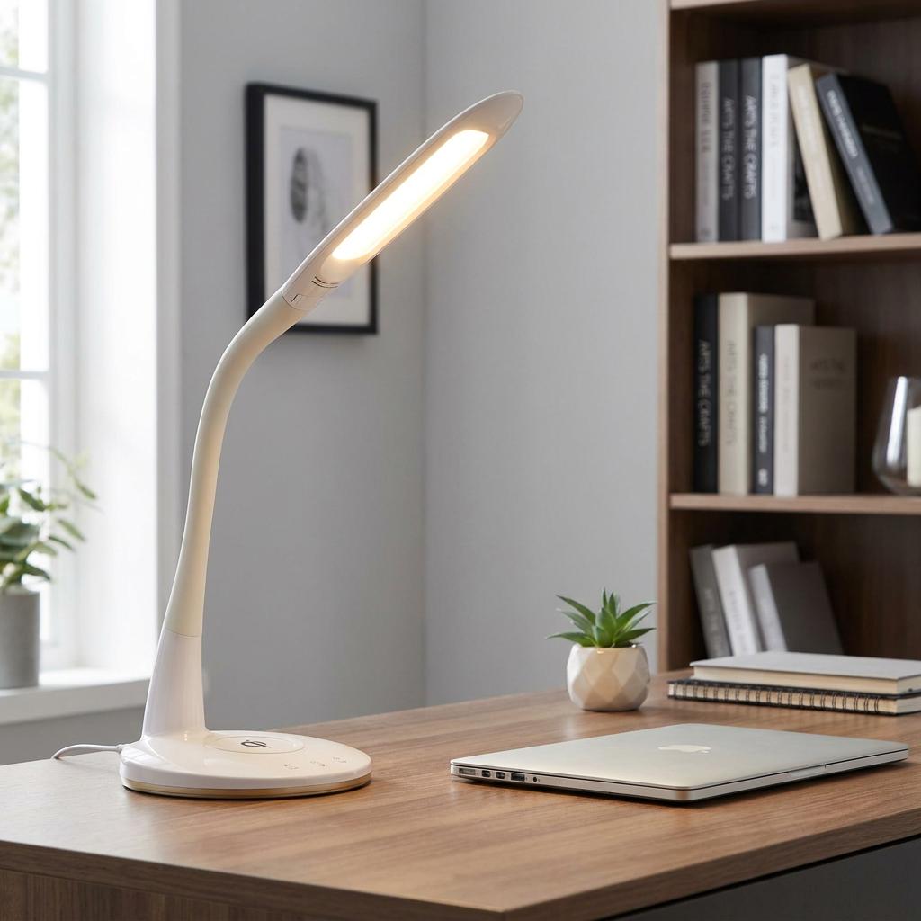 White Eglo Trunca LED desk lamp with a flexible neck illuminated on a wooden desk in a home office setting.