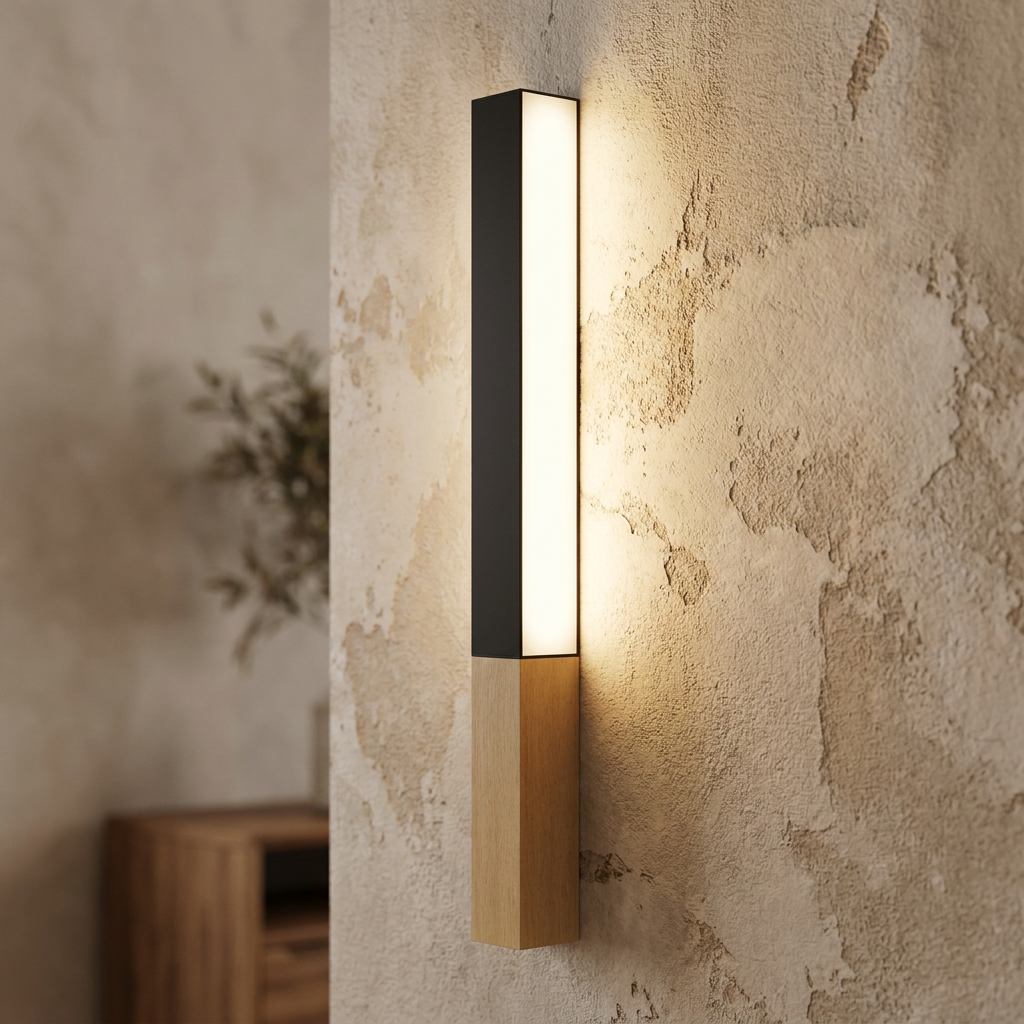 Modern rectangular wall light with black and wood finish glowing on a textured plaster wall.