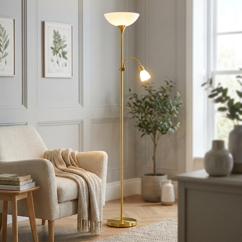 Eglo Up 2 brass mother and child floor lamp with an uplighter and reading light next to a beige armchair.